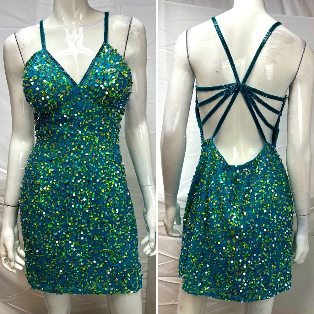Sean Collection 8 Teal Blue 100% Silk Sequins Strappy Vintage Mini Dress